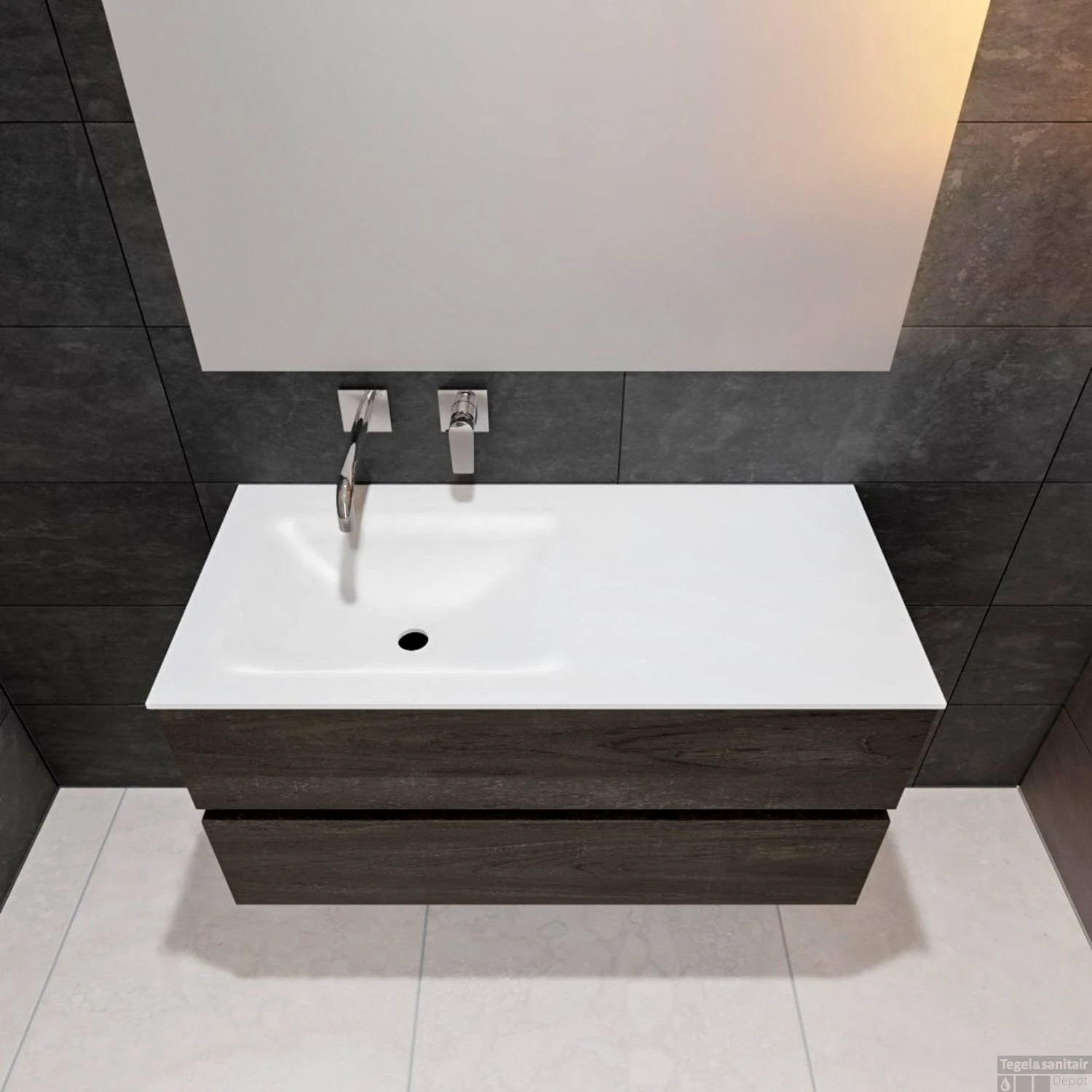 Badkamermeubel Solid Surface BWS Oslo 100x46 Cm Links Wood Dark Brown (0 Kraangaten) 4 Badkamermeubel Solid Surface BWS Oslo 100x46 Cm Links Wood Dark Brown (0 Kraangaten) - Afbeelding 4