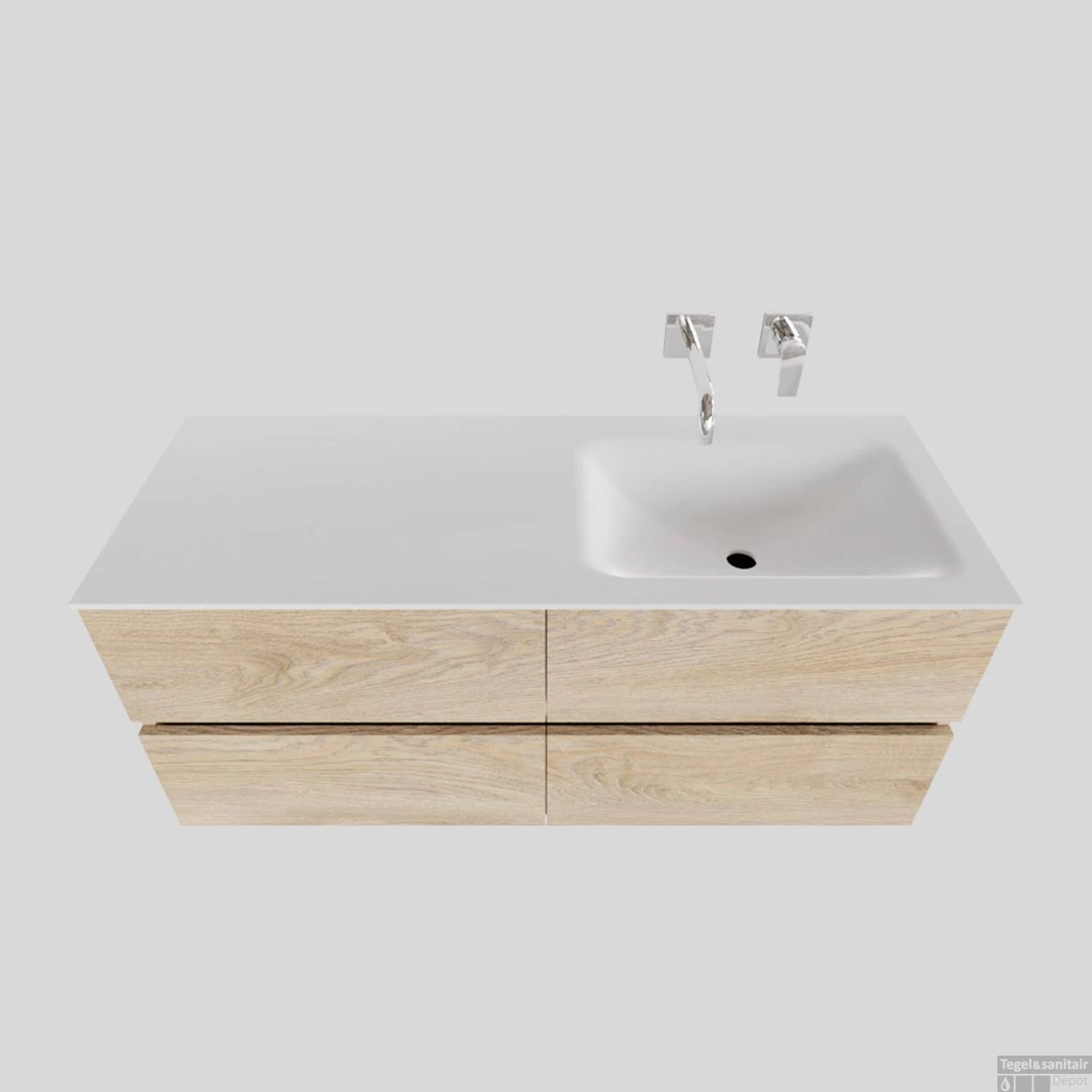 Badkamermeubel Solid Surface BWS Oslo 120x46 Cm Rechts Wood Washed Oak 4 Laden (0 Kraangaten)