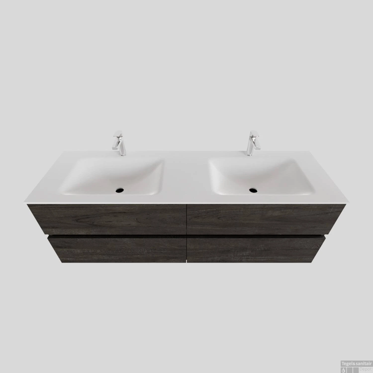 Badkamermeubel Solid Surface BWS Oslo 150x46 Cm Dubbel Wood Dark Brown 4 Laden (2 Kraangaten)