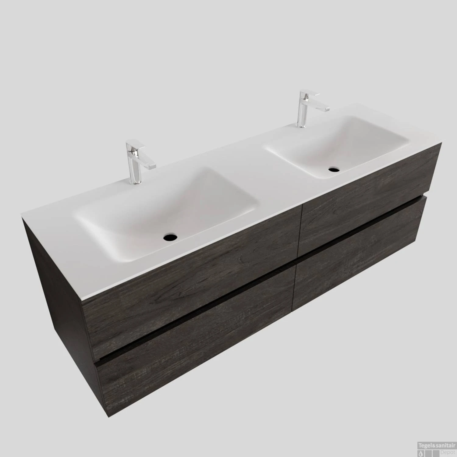 Badkamermeubel Solid Surface BWS Oslo 150x46 Cm Dubbel Wood Dark Brown 4 Laden (2 Kraangaten) - Afbeelding 2