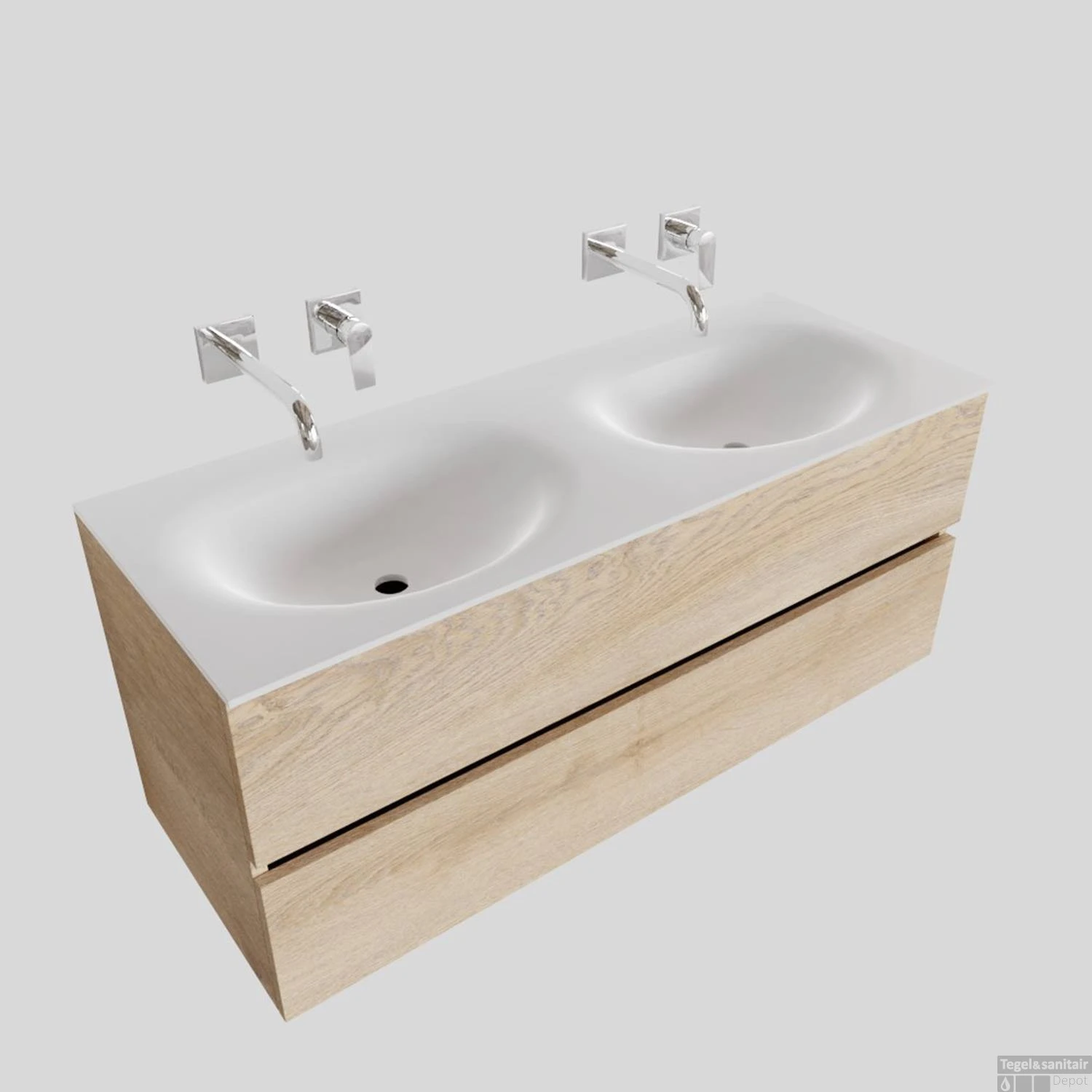 Badkamermeubel Solid Surface BWS Stockholm 120x46 Cm Dubbel Wood Washed Oak (0 Kraangaten) - Afbeelding 2