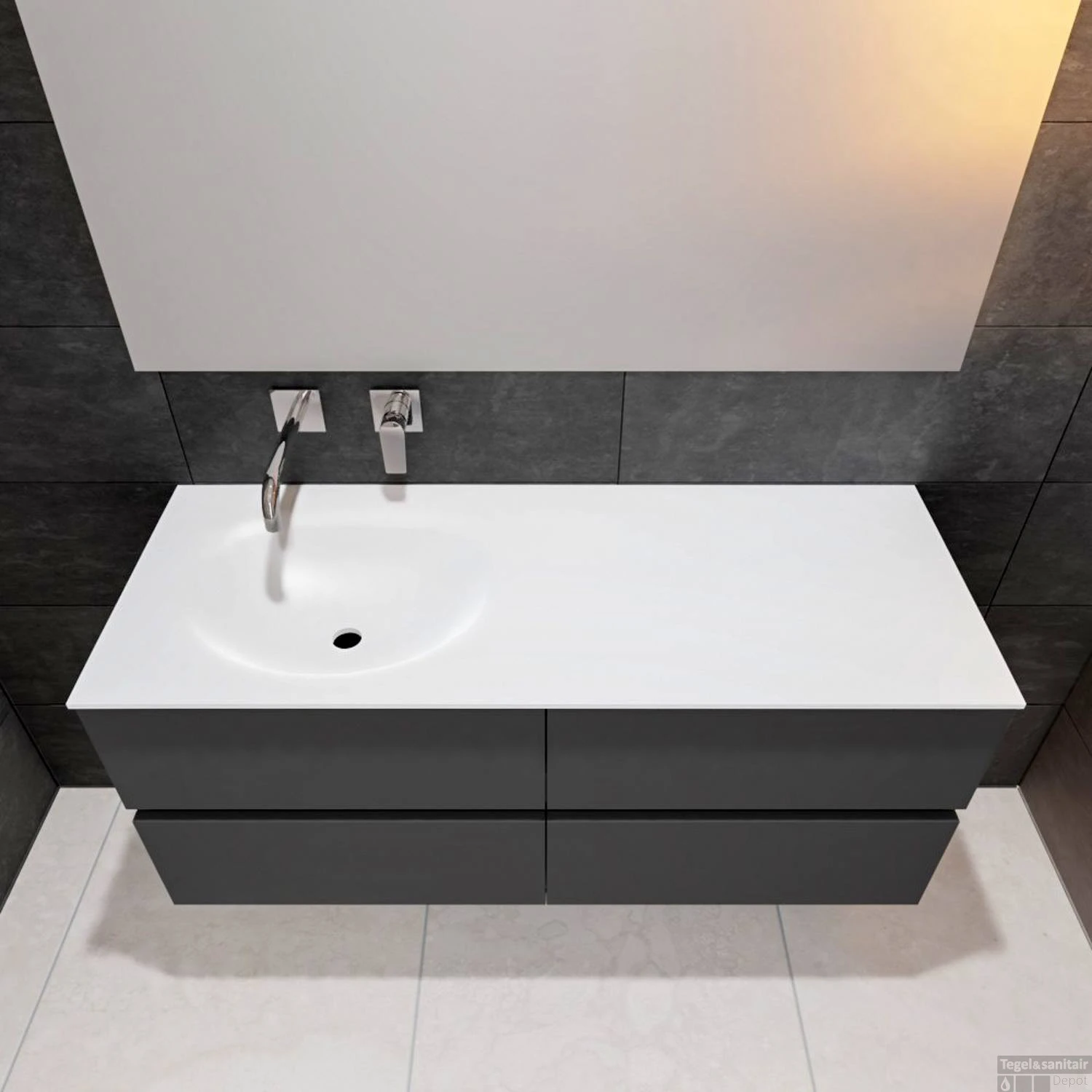 Badkamermeubel Solid Surface BWS Stockholm 120x46 Cm Links Mat Antraciet 4 Laden (zonder Kraangaten) - Afbeelding 4