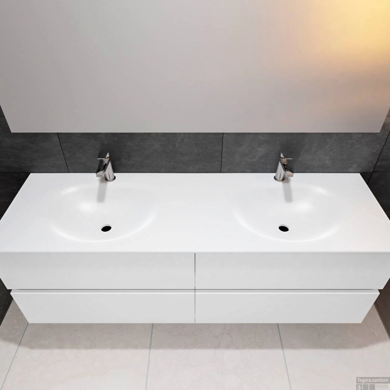 Badkamermeubel Solid Surface BWS Stockholm 150x46 Cm Dubbel Mat Wit 4 Laden (met 2 Kraangaten) - Afbeelding 4