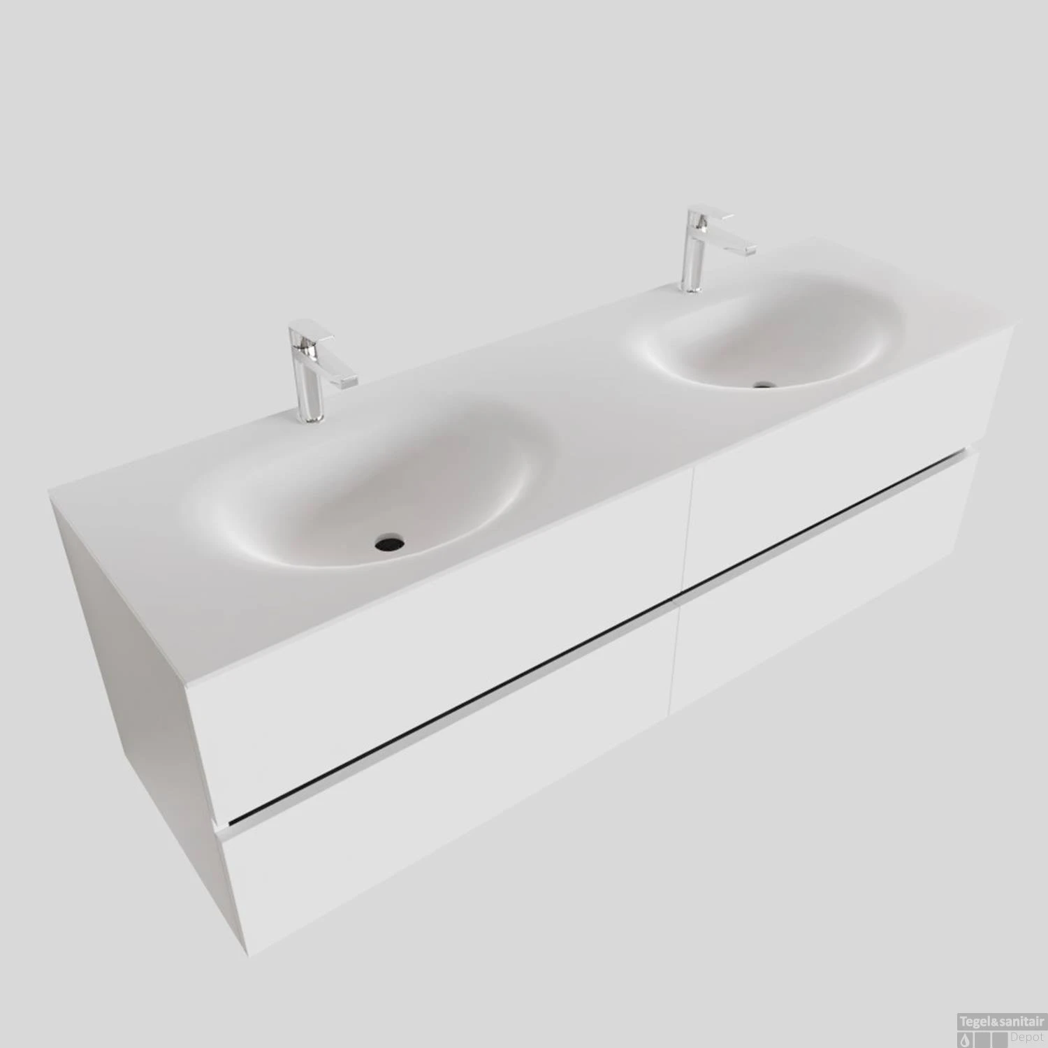 Badkamermeubel Solid Surface BWS Stockholm 150x46 Cm Dubbel Mat Wit 4 Laden (met 2 Kraangaten) - Afbeelding 2