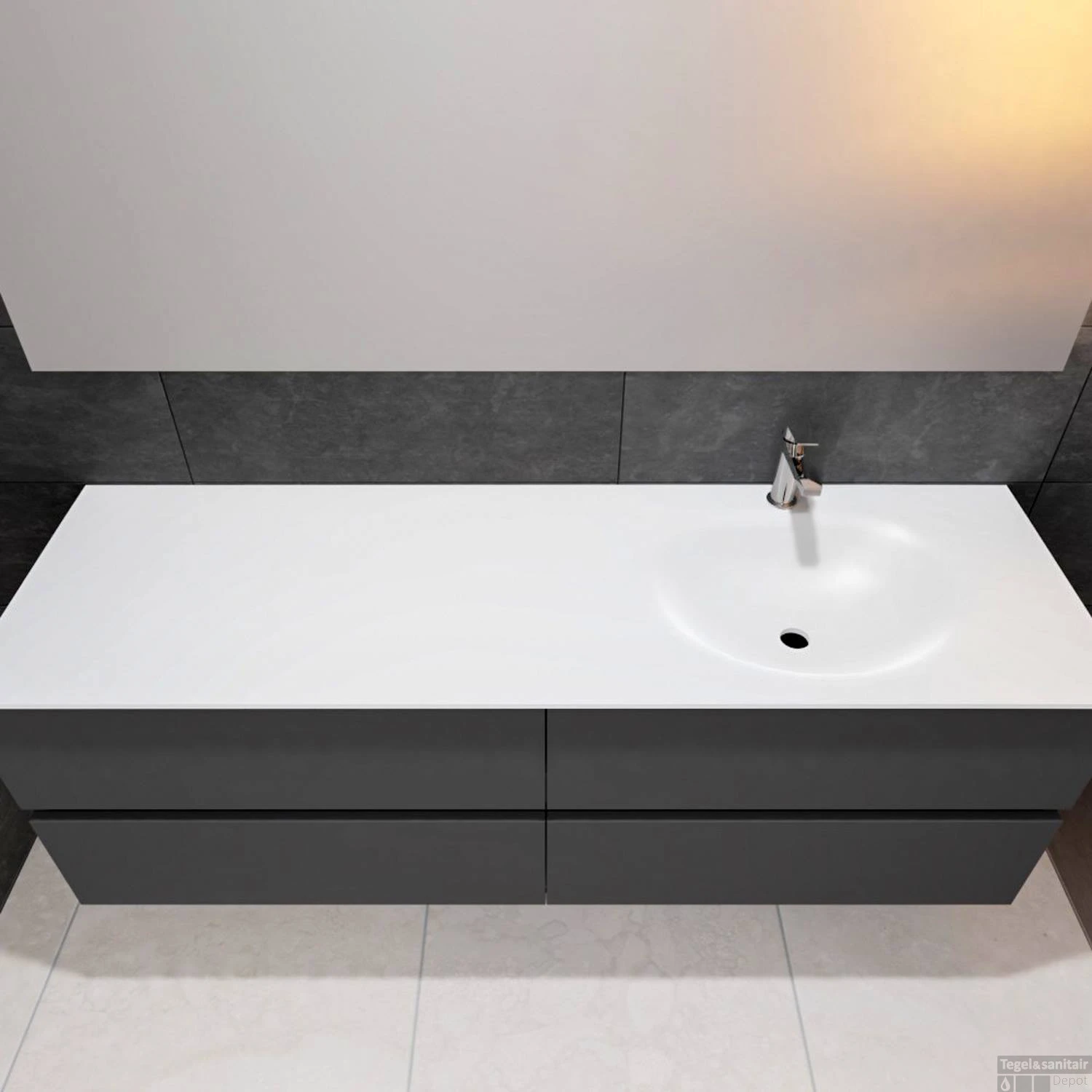 Badkamermeubel Solid Surface BWS Stockholm 150x46 Cm Rechts Mat Antraciet 4 Laden (met 1 Kraangat) - Afbeelding 4