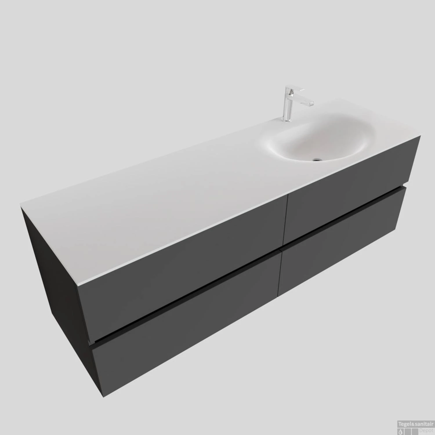Badkamermeubel Solid Surface BWS Stockholm 150x46 Cm Rechts Mat Antraciet 4 Laden (met 1 Kraangat) - Afbeelding 2