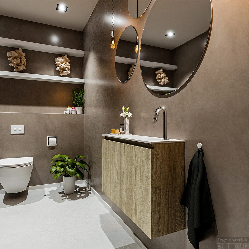 MONDIAZ TURE 80cm Toiletmeubel Light Brown Grey. EDEN Wastafel Talc Rechts 1 Kraangat 2 MONDIAZ TURE 80cm Toiletmeubel Light Brown Grey. EDEN Wastafel Talc Rechts 1 Kraangat - Afbeelding 2