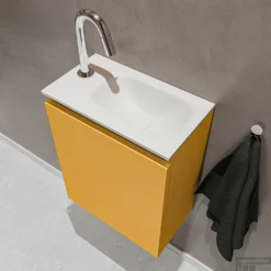 MONDIAZ TURE 40cm Toiletmeubel Ocher. EDEN Wastafel Talc Rechts 1 Kraangat -Zalig Baden Verkoopwinkel badkamermeubel ture ocher model eden talc sidetop 0003