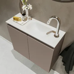 MONDIAZ TURE 60cm Toiletmeubel Smoke. EDEN Wastafel Talc Rechts 1 Kraangat -Zalig Baden Verkoopwinkel badkamermeubel ture smoke model eden talc sidetop 0011