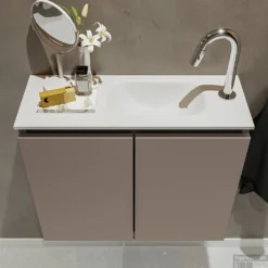 MONDIAZ TURE 60cm Toiletmeubel Smoke. EDEN Wastafel Talc Rechts 1 Kraangat -Zalig Baden Verkoopwinkel badkamermeubel ture smoke model eden talc top 0011