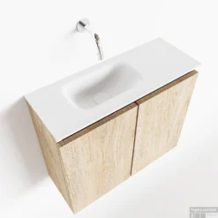 MONDIAZ TURE 60cm Toiletmeubel Washed Oak. EDEN Wastafel Talc Links Geen Kraangat