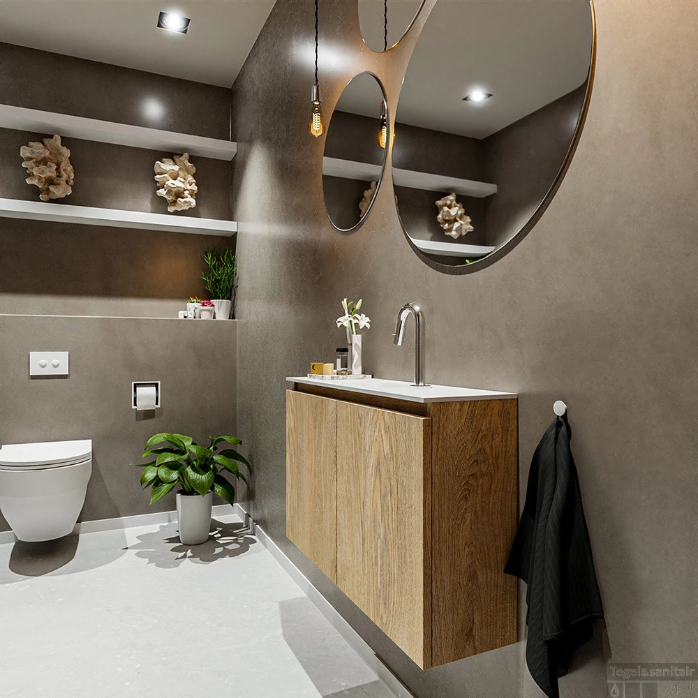 MONDIAZ TURE 80cm Toiletmeubel Washed Oak. EDEN Wastafel Talc Midden 1 Kraangat 2 MONDIAZ TURE 80cm Toiletmeubel Washed Oak. EDEN Wastafel Talc Midden 1 Kraangat - Afbeelding 2