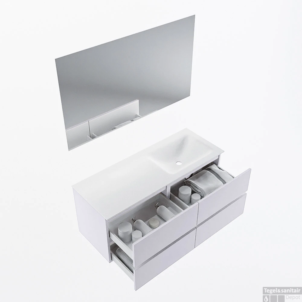 MONDIAZ VICA 120cm Badmeubel Onderkast Cale 4 Lades. Wastafel CLOUD Rechts Zonder Kraangat, Kleur Talc Met Spiegel LED. 2 MONDIAZ VICA 120cm Badmeubel Onderkast Cale 4 Lades. Wastafel CLOUD Rechts Zonder Kraangat, Kleur Talc Met Spiegel LED. - Afbeelding 2