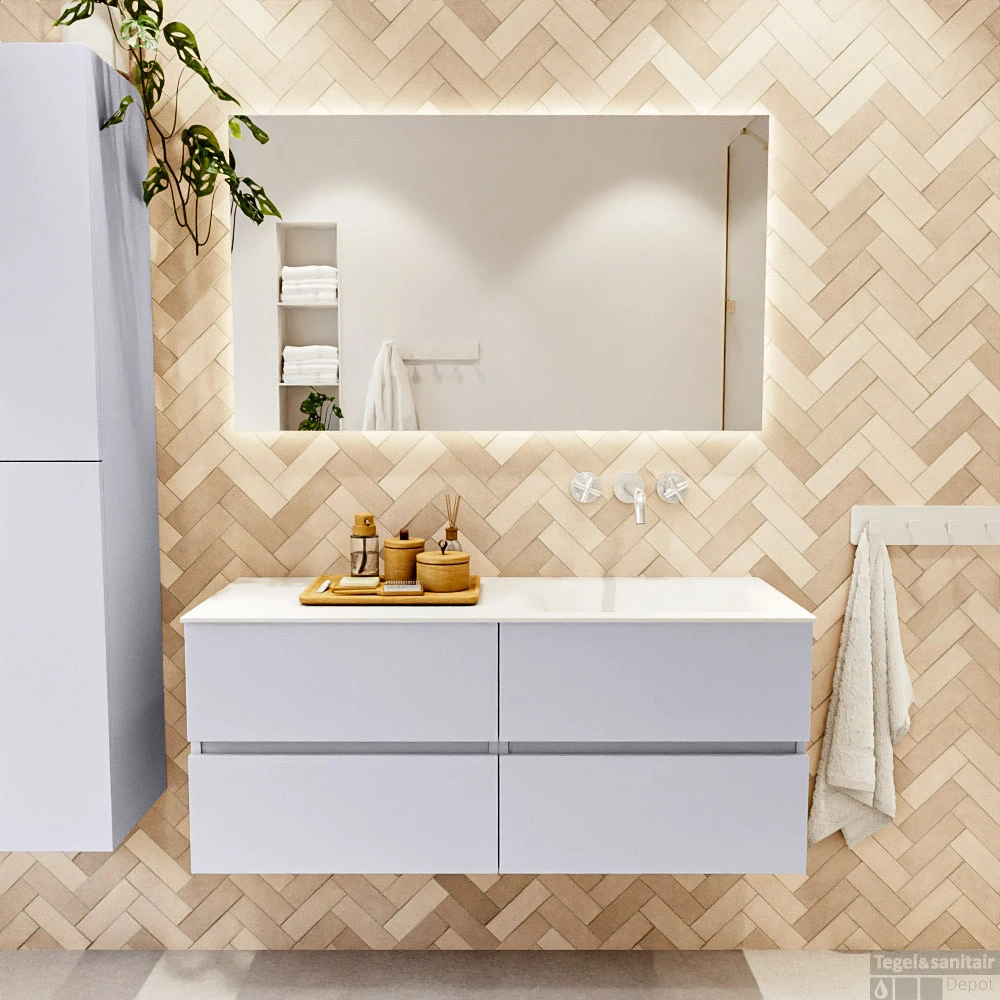 MONDIAZ VICA 120cm Badmeubel Onderkast Cale 4 Lades. Wastafel CLOUD Rechts Zonder Kraangat, Kleur Talc Met Spiegel LED. 5 MONDIAZ VICA 120cm Badmeubel Onderkast Cale 4 Lades. Wastafel CLOUD Rechts Zonder Kraangat, Kleur Talc Met Spiegel LED. - Afbeelding 5