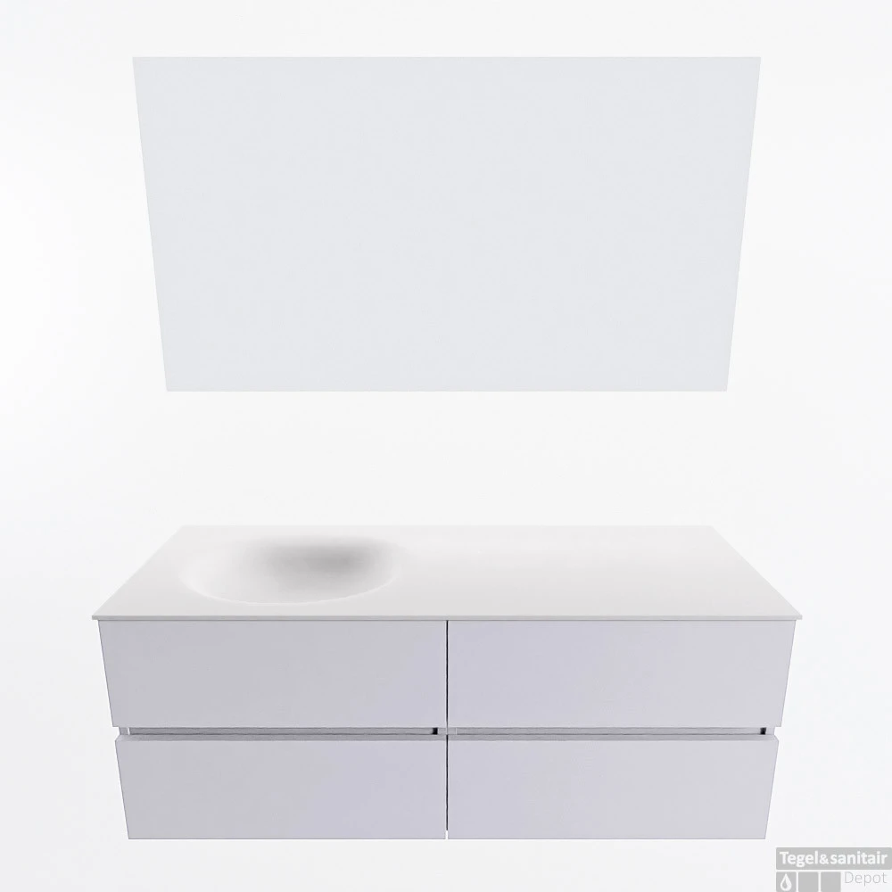 MONDIAZ VICA 130cm Badmeubel Onderkast Cale 4 Lades. Wastafel Moon Links Zonder Kraangat, Kleur Talc Met Spiegel LED. 4 MONDIAZ VICA 130cm Badmeubel Onderkast Cale 4 Lades. Wastafel Moon Links Zonder Kraangat, Kleur Talc Met Spiegel LED. - Afbeelding 4