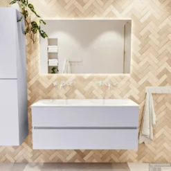 MONDIAZ VICA 120cm Badmeubel Onderkast Cale 2 Lades. Wastafel MOON Dubbel Zonder Kraangat, Kleur Talc. -Zalig Baden Verkoopwinkel badkamermeubel vica cale moon talc set1 0029