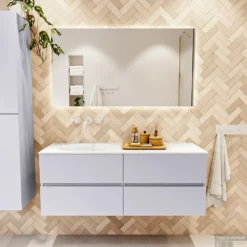 MONDIAZ VICA 130cm Badmeubel Onderkast Cale 4 Lades. Wastafel Moon Links Zonder Kraangat, Kleur Talc Met Spiegel LED. 12 MONDIAZ VICA 130cm Badmeubel Onderkast Cale 4 Lades. Wastafel Moon Links Zonder Kraangat, Kleur Talc Met Spiegel LED. -Zalig Baden Verkoopwinkel badkamermeubel vica cale moon talc set1 0063