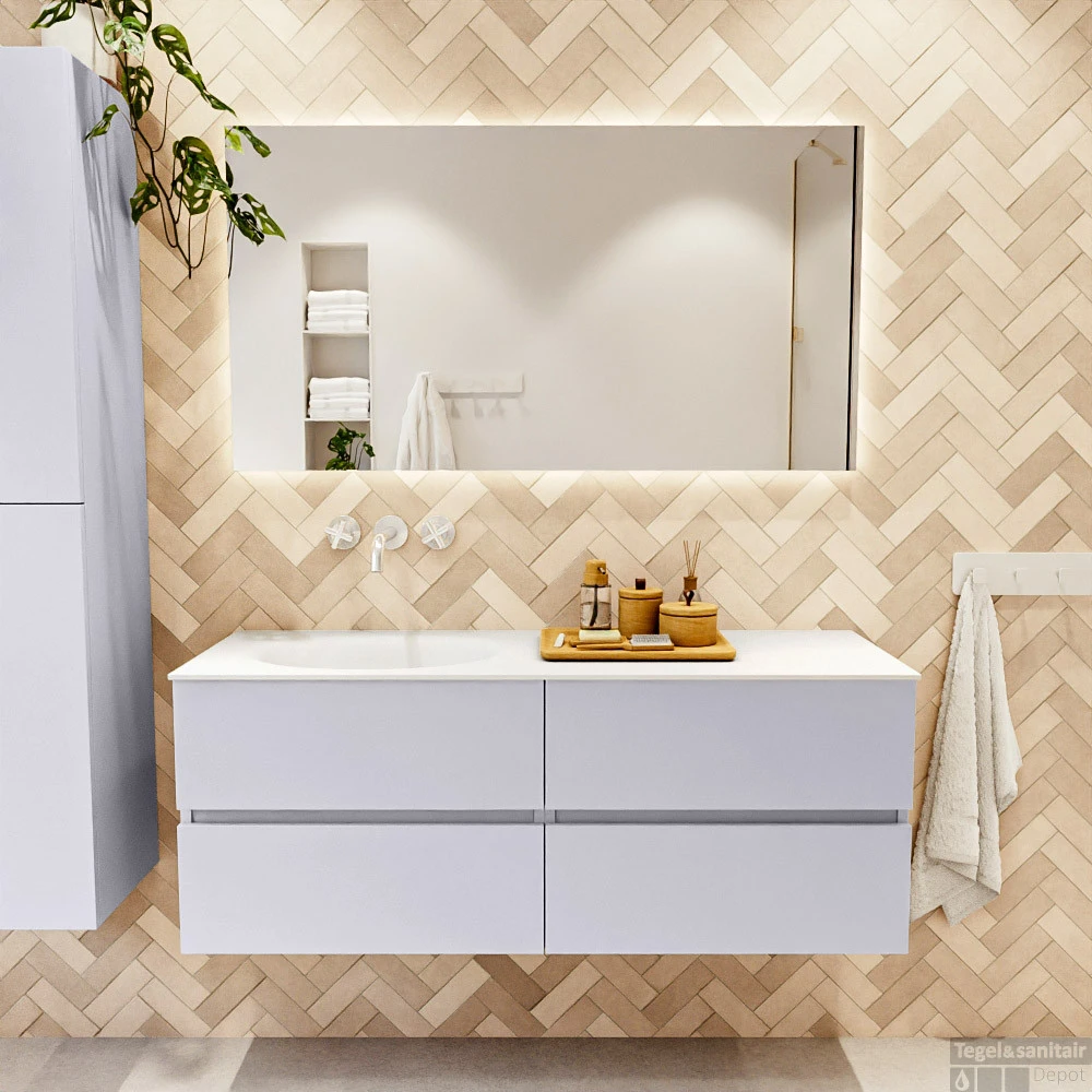 MONDIAZ VICA 130cm Badmeubel Onderkast Cale 4 Lades. Wastafel Moon Links Zonder Kraangat, Kleur Talc Met Spiegel LED. 5 MONDIAZ VICA 130cm Badmeubel Onderkast Cale 4 Lades. Wastafel Moon Links Zonder Kraangat, Kleur Talc Met Spiegel LED. - Afbeelding 5