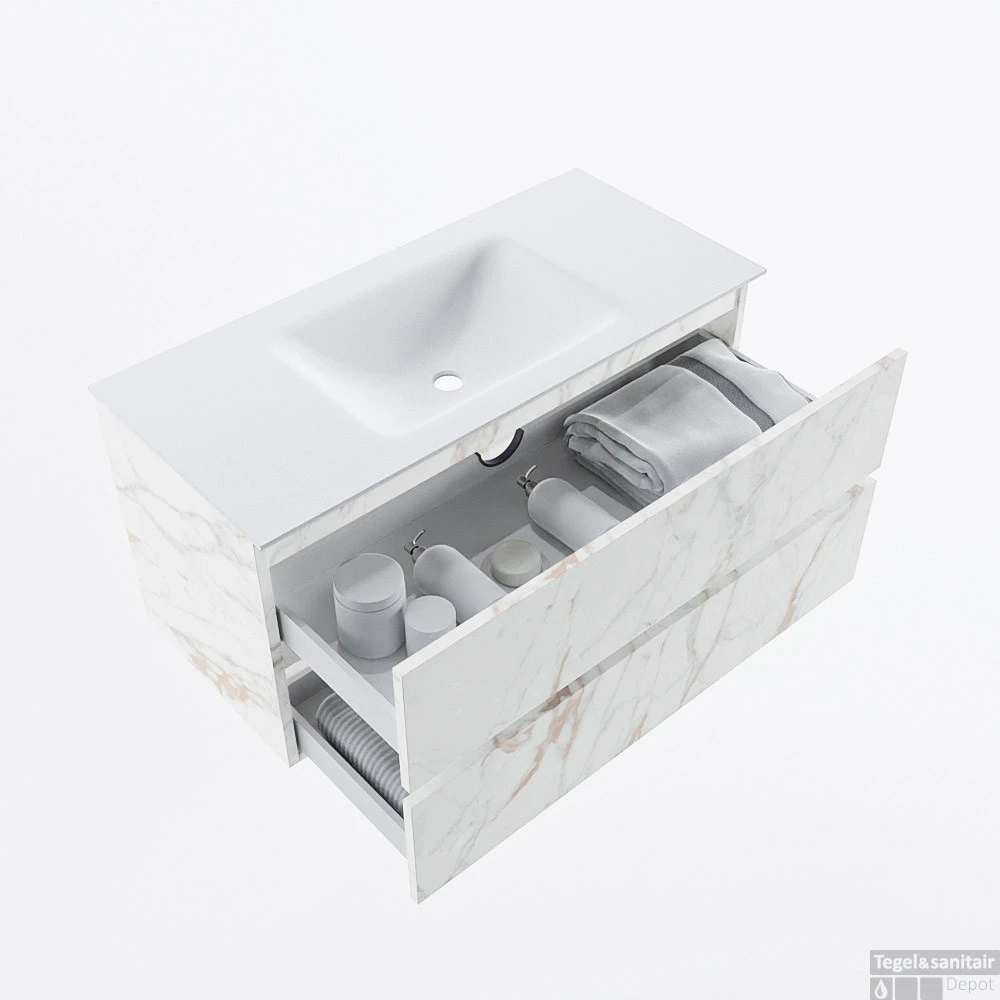 MONDIAZ VICA 100cm Badmeubel Onderkast Carrara 2 Lades. Wastafel CLOUD Midden 1 Kraangat, Kleur Talc. 2 MONDIAZ VICA 100cm Badmeubel Onderkast Carrara 2 Lades. Wastafel CLOUD Midden 1 Kraangat, Kleur Talc. - Afbeelding 2