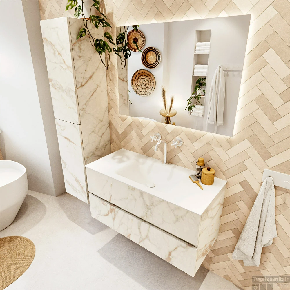 MONDIAZ VICA 100cm Badmeubel Onderkast Carrara 2 Lades. Wastafel CLOUD Midden 1 Kraangat, Kleur Talc. 3 MONDIAZ VICA 100cm Badmeubel Onderkast Carrara 2 Lades. Wastafel CLOUD Midden 1 Kraangat, Kleur Talc. - Afbeelding 3