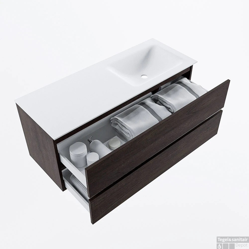 MONDIAZ VICA 120cm Badmeubel Onderkast Dark Brown 2 Lades. Wastafel CLOUD Rechts Zonder Kraangat, Kleur Talc. 2 MONDIAZ VICA 120cm Badmeubel Onderkast Dark Brown 2 Lades. Wastafel CLOUD Rechts Zonder Kraangat, Kleur Talc. - Afbeelding 2