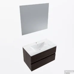 MONDIAZ VICA 80cm Badmeubel Onderkast Dark Brown 2 Lades. Wastafel Denia Midden 1 Kraangat, Kleur Glanzend Wit Met Spiegel LED.