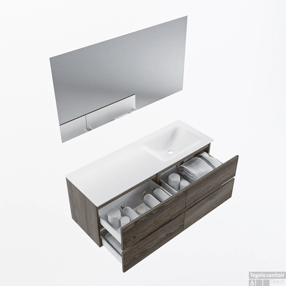 MONDIAZ VICA 130cm Badmeubel Onderkast Dark Brown Grey 4 Lades. Wastafel CLOUD Rechts Zonder Kraangat, Kleur Talc Met Spiegel LED. 2 MONDIAZ VICA 130cm Badmeubel Onderkast Dark Brown Grey 4 Lades. Wastafel CLOUD Rechts Zonder Kraangat, Kleur Talc Met Spiegel LED. - Afbeelding 2