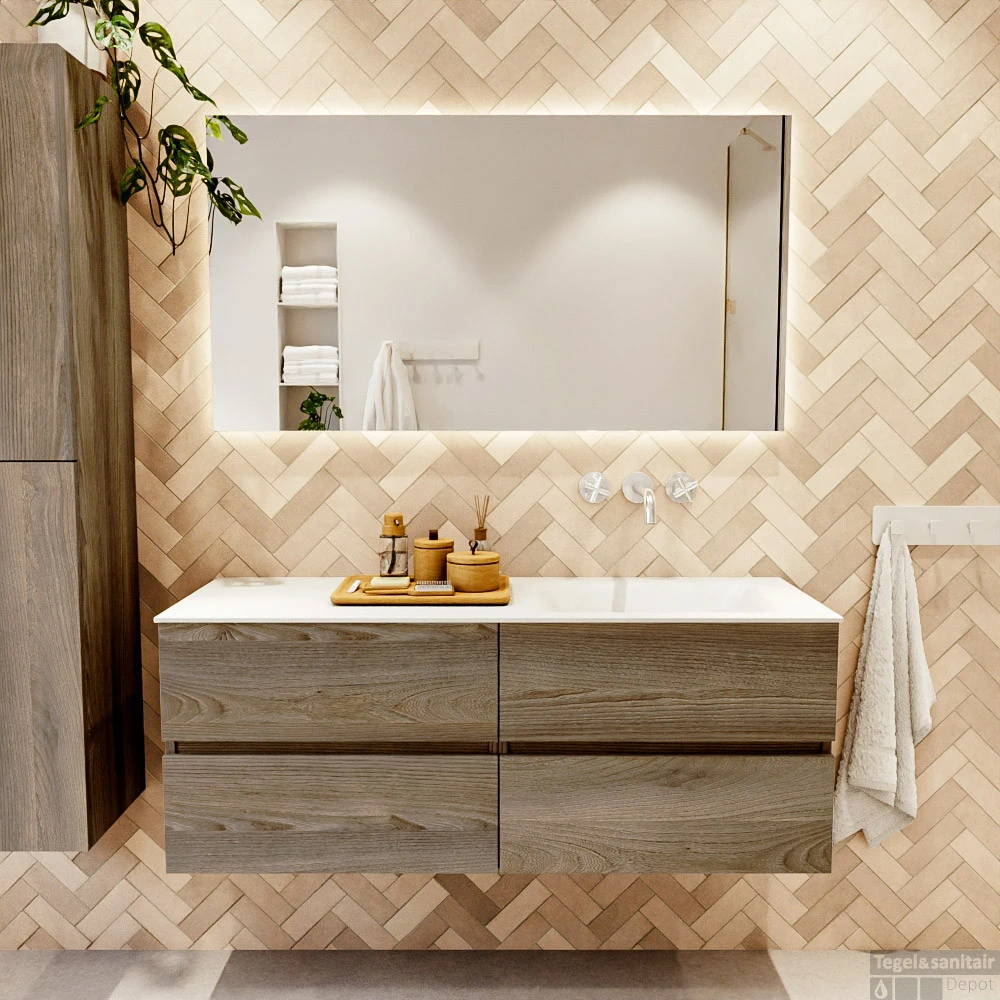 MONDIAZ VICA 130cm Badmeubel Onderkast Dark Brown Grey 4 Lades. Wastafel CLOUD Rechts Zonder Kraangat, Kleur Talc Met Spiegel LED. 5 MONDIAZ VICA 130cm Badmeubel Onderkast Dark Brown Grey 4 Lades. Wastafel CLOUD Rechts Zonder Kraangat, Kleur Talc Met Spiegel LED. - Afbeelding 5