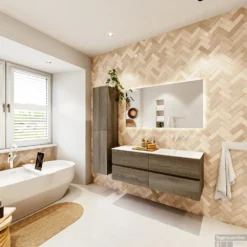 MONDIAZ VICA 130cm Badmeubel Onderkast Dark Brown Grey 4 Lades. Wastafel CLOUD Rechts Zonder Kraangat, Kleur Talc Met Spiegel LED. 14 MONDIAZ VICA 130cm Badmeubel Onderkast Dark Brown Grey 4 Lades. Wastafel CLOUD Rechts Zonder Kraangat, Kleur Talc Met Spiegel LED. -Zalig Baden Verkoopwinkel badkamermeubel vica dark brown grey cloud talc set4 0064