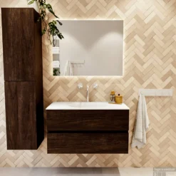 MONDIAZ VICA 90cm Badmeubel Onderkast Dark Brown 2 Lades. Wastafel MOON Midden 1 Kraangat, Kleur Talc. -Zalig Baden Verkoopwinkel badkamermeubel vica dark brown moon talc set1 0008