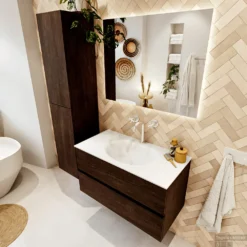 MONDIAZ VICA 90cm Badmeubel Onderkast Dark Brown 2 Lades. Wastafel MOON Midden 1 Kraangat, Kleur Talc. -Zalig Baden Verkoopwinkel badkamermeubel vica dark brown moon talc set2 0008