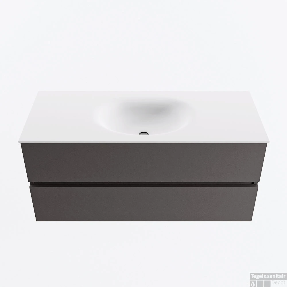 MONDIAZ VICA 110cm Badmeubel Onderkast Dark Grey 2 Lades. Wastafel MOON Midden 1 Kraangat, Kleur Talc. 1 MONDIAZ VICA 110cm Badmeubel Onderkast Dark Grey 2 Lades. Wastafel MOON Midden 1 Kraangat, Kleur Talc.