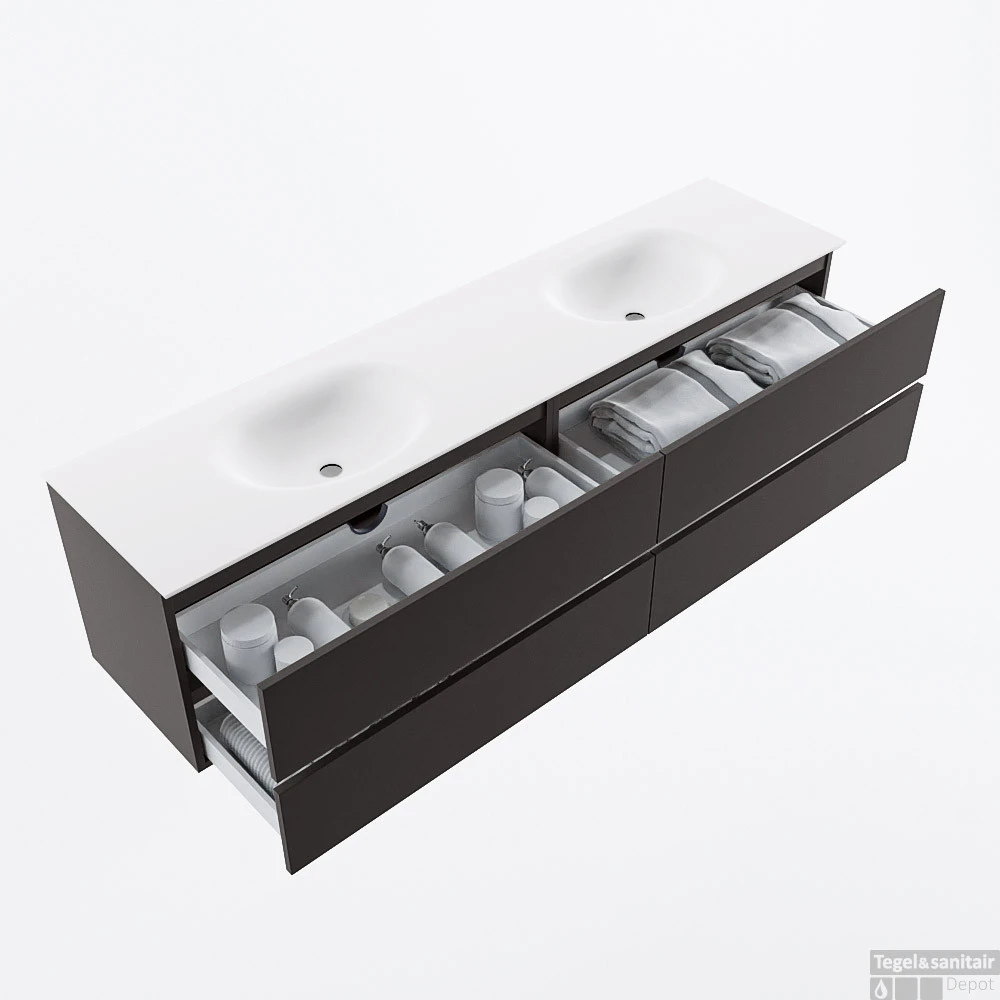 MONDIAZ VICA 190cm Badmeubel Onderkast Dark Grey 4 Lades. Wastafel MOON Dubbel 2 Kraangaten, Kleur Talc. 2 MONDIAZ VICA 190cm Badmeubel Onderkast Dark Grey 4 Lades. Wastafel MOON Dubbel 2 Kraangaten, Kleur Talc. - Afbeelding 2