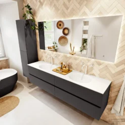 MONDIAZ VICA 190cm Badmeubel Onderkast Dark Grey 4 Lades. Wastafel MOON Dubbel 2 Kraangaten, Kleur Talc. 9 MONDIAZ VICA 190cm Badmeubel Onderkast Dark Grey 4 Lades. Wastafel MOON Dubbel 2 Kraangaten, Kleur Talc. -Zalig Baden Verkoopwinkel badkamermeubel vica dark grey moon talc set2 0098