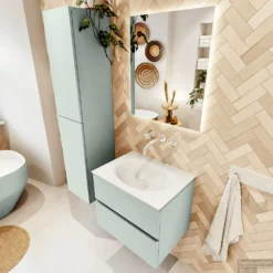 MONDIAZ VICA 60cm Badmeubel Onderkast Greey 2 Lades. Wastafel Moon Midden Zonder Kraangat, Kleur Talc Met Spiegel LED. -Zalig Baden Verkoopwinkel badkamermeubel vica greey moon talc set2 0003