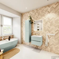 MONDIAZ VICA 60cm Badmeubel Onderkast Greey 2 Lades. Wastafel Moon Midden Zonder Kraangat, Kleur Talc Met Spiegel LED. -Zalig Baden Verkoopwinkel badkamermeubel vica greey moon talc set4 0003