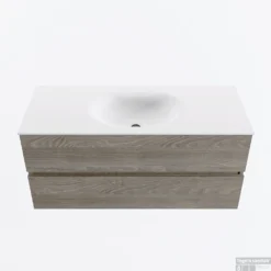 MONDIAZ VICA 110cm Badmeubel Onderkast Light Brown Grey 2 Lades. Wastafel MOON Midden Zonder Kraangat, Kleur Talc.