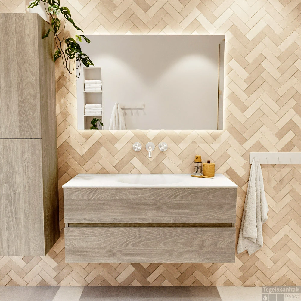 MONDIAZ VICA 110cm Badmeubel Onderkast Light Brown Grey 2 Lades. Wastafel MOON Midden Zonder Kraangat, Kleur Talc. 5 MONDIAZ VICA 110cm Badmeubel Onderkast Light Brown Grey 2 Lades. Wastafel MOON Midden Zonder Kraangat, Kleur Talc. - Afbeelding 5