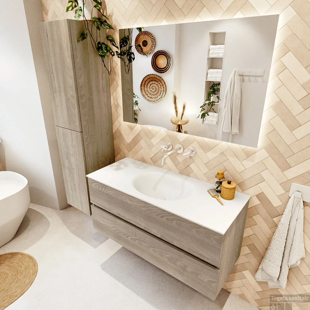 MONDIAZ VICA 110cm Badmeubel Onderkast Light Brown Grey 2 Lades. Wastafel MOON Midden Zonder Kraangat, Kleur Talc. 3 MONDIAZ VICA 110cm Badmeubel Onderkast Light Brown Grey 2 Lades. Wastafel MOON Midden Zonder Kraangat, Kleur Talc. - Afbeelding 3