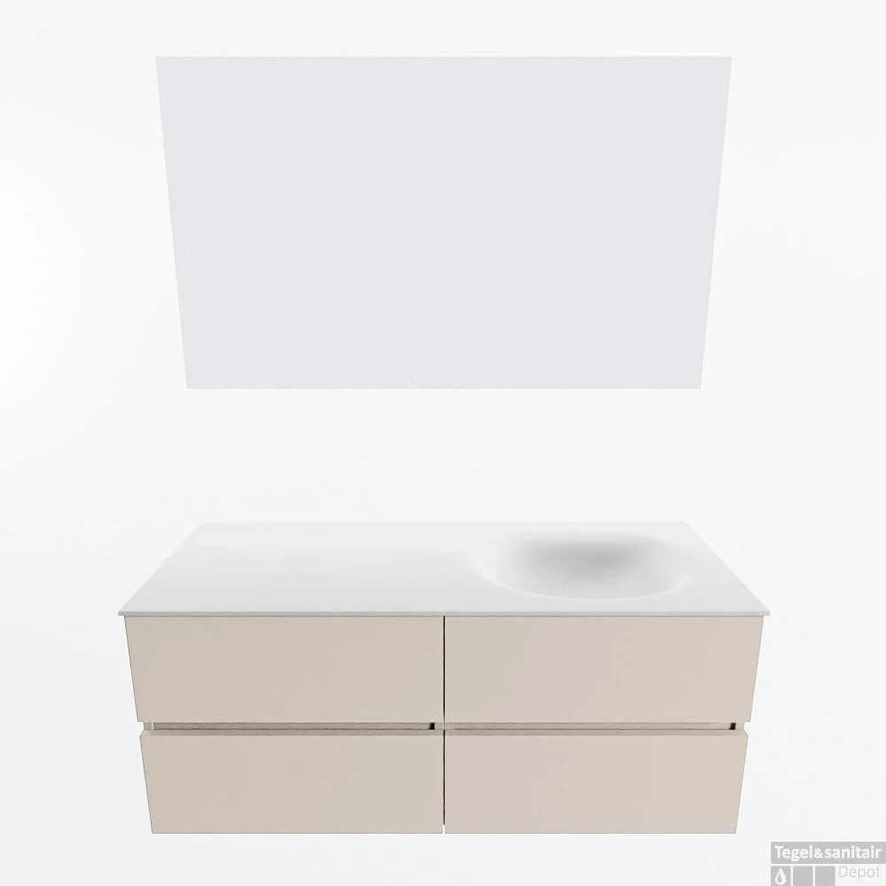 MONDIAZ VICA 120cm Badmeubel Onderkast Linen 4 Lades. Wastafel Moon Rechts 1 Kraangat, Kleur Talc Met Spiegel LED. 4 MONDIAZ VICA 120cm Badmeubel Onderkast Linen 4 Lades. Wastafel Moon Rechts 1 Kraangat, Kleur Talc Met Spiegel LED. - Afbeelding 4