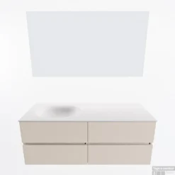 MONDIAZ VICA 130cm Badmeubel Onderkast Linen 4 Lades. Wastafel Moon Links Zonder Kraangat, Kleur Talc Met Spiegel LED. -Zalig Baden Verkoopwinkel badkamermeubel vica linen moon talc google11 0063