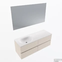 MONDIAZ VICA 130cm Badmeubel Onderkast Linen 4 Lades. Wastafel Moon Links Zonder Kraangat, Kleur Talc Met Spiegel LED.