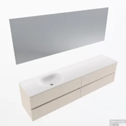 MONDIAZ VICA 200cm Badmeubel Onderkast Linen 4 Lades. Wastafel Moon Links Zonder Kraangat, Kleur Talc Met Spiegel LED.