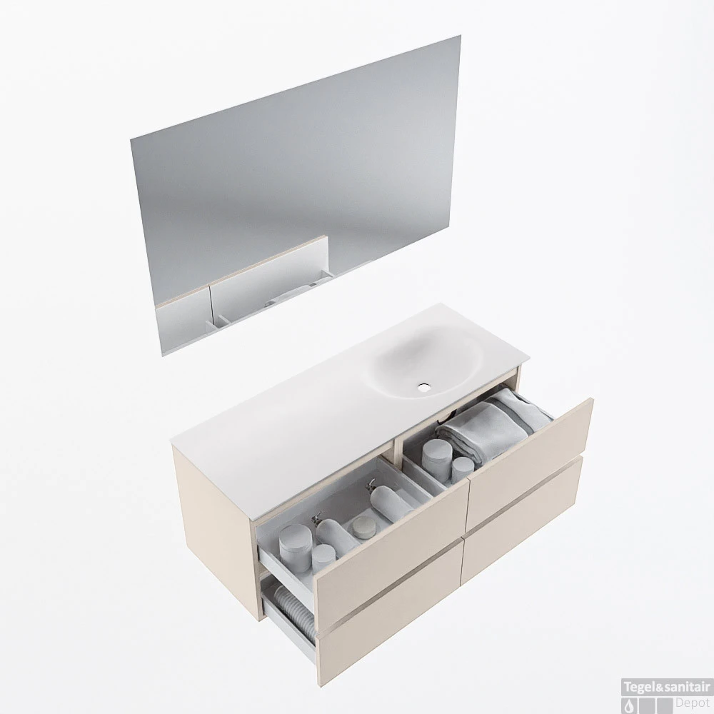 MONDIAZ VICA 120cm Badmeubel Onderkast Linen 4 Lades. Wastafel Moon Rechts 1 Kraangat, Kleur Talc Met Spiegel LED. 2 MONDIAZ VICA 120cm Badmeubel Onderkast Linen 4 Lades. Wastafel Moon Rechts 1 Kraangat, Kleur Talc Met Spiegel LED. - Afbeelding 2