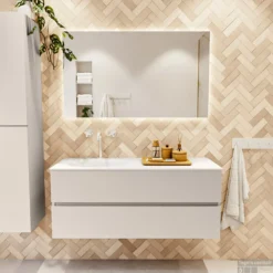 MONDIAZ VICA 120cm Badmeubel Onderkast Linen 2 Lades. Wastafel MOON Links 1 Kraangat, Kleur Talc. 11 MONDIAZ VICA 120cm Badmeubel Onderkast Linen 2 Lades. Wastafel MOON Links 1 Kraangat, Kleur Talc. -Zalig Baden Verkoopwinkel badkamermeubel vica linen moon talc set1 0023