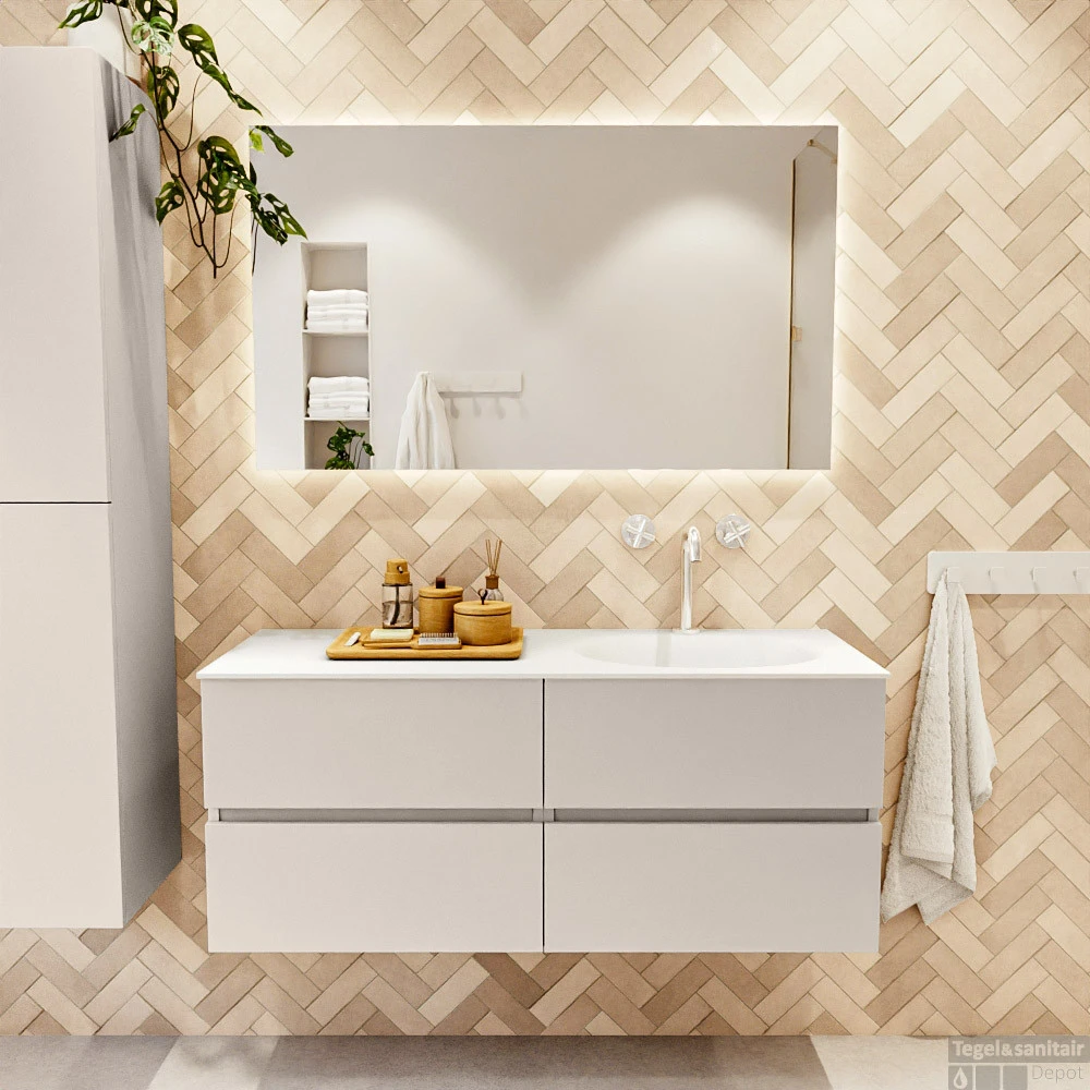 MONDIAZ VICA 120cm Badmeubel Onderkast Linen 4 Lades. Wastafel Moon Rechts 1 Kraangat, Kleur Talc Met Spiegel LED. 5 MONDIAZ VICA 120cm Badmeubel Onderkast Linen 4 Lades. Wastafel Moon Rechts 1 Kraangat, Kleur Talc Met Spiegel LED. - Afbeelding 5