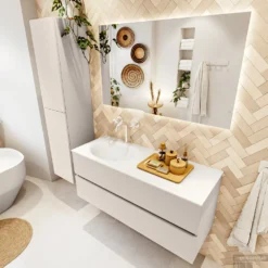 MONDIAZ VICA 120cm Badmeubel Onderkast Linen 2 Lades. Wastafel MOON Links 1 Kraangat, Kleur Talc. 9 MONDIAZ VICA 120cm Badmeubel Onderkast Linen 2 Lades. Wastafel MOON Links 1 Kraangat, Kleur Talc. -Zalig Baden Verkoopwinkel badkamermeubel vica linen moon talc set2 0023