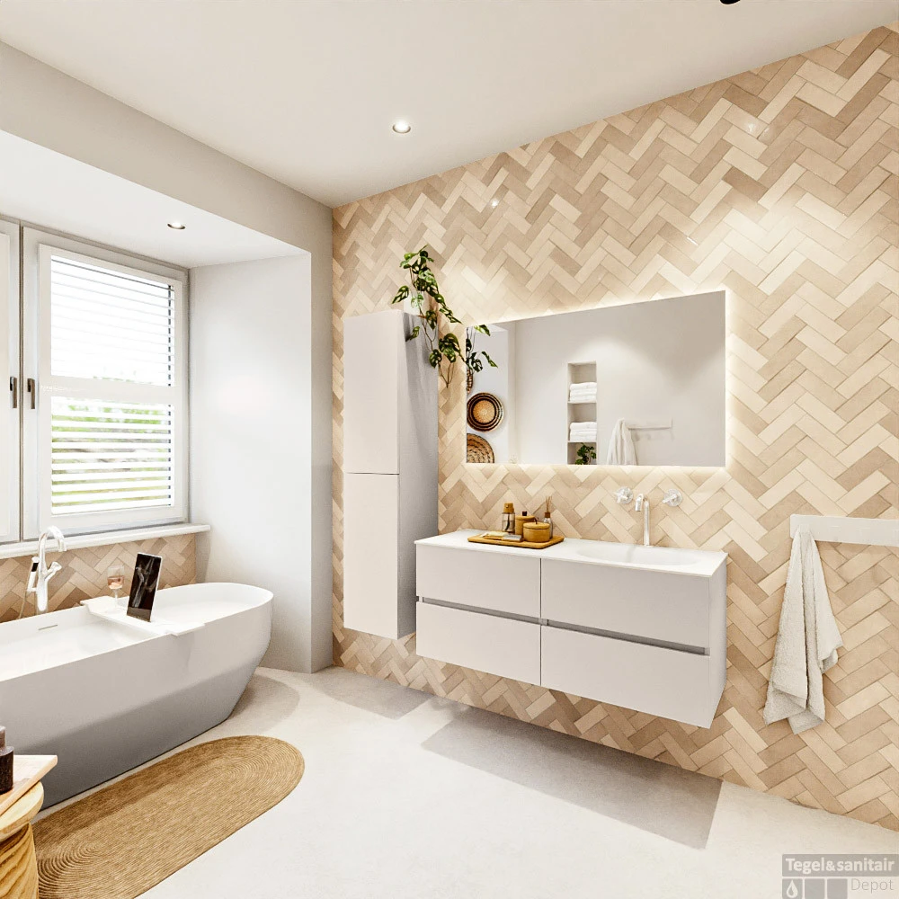 MONDIAZ VICA 120cm Badmeubel Onderkast Linen 4 Lades. Wastafel Moon Rechts 1 Kraangat, Kleur Talc Met Spiegel LED. 7 MONDIAZ VICA 120cm Badmeubel Onderkast Linen 4 Lades. Wastafel Moon Rechts 1 Kraangat, Kleur Talc Met Spiegel LED. - Afbeelding 7