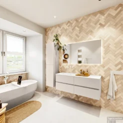 MONDIAZ VICA 130cm Badmeubel Onderkast Linen 4 Lades. Wastafel Moon Links Zonder Kraangat, Kleur Talc Met Spiegel LED. -Zalig Baden Verkoopwinkel badkamermeubel vica linen moon talc set4 0063