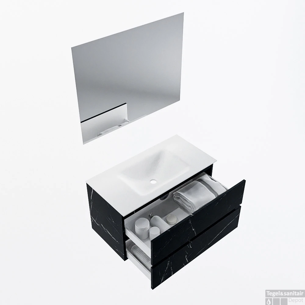 MONDIAZ VICA 90cm Badmeubel Onderkast Marquina 2 Lades. Wastafel CLOUD Midden 1 Kraangat, Kleur Talc Met Spiegel LED. 2 MONDIAZ VICA 90cm Badmeubel Onderkast Marquina 2 Lades. Wastafel CLOUD Midden 1 Kraangat, Kleur Talc Met Spiegel LED. - Afbeelding 2